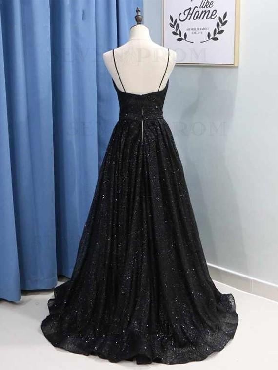 Black V Neck Lace Long Formal Dress, Black Spaghetti Strap Evening Gow –  kateprom